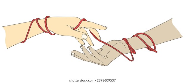 Couple of hand conected with red threads vector illustration, valentine day clip art