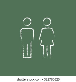 Couple hand drawn in chalk on a blackboard vector white icon isolated on a green background.