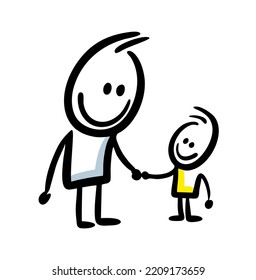 Couple of hand drawn stickmen in funny doodle style. Vector happy  family illustration of father and son.