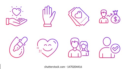 Couple, Hand And Eye Drops Line Icons Set. Hold Heart, Sallary And Smile Chat Signs. Love Ticket, Identity Confirmed Symbols. Male And Female, Waving Palm. People Set. Gradient Couple Icon. Vector