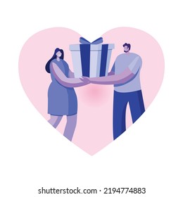 Couple hand holding Gift box with Heart background vector illustration 