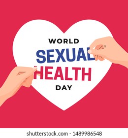 Couple hand picking text for World Sexual Health Day poster concept design. Man Woman hand holding text vector illustration with heart symbol banner background template.