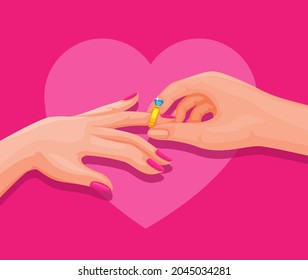 Couple hand putting wedding ring in bethrothal or wedding ceremony illustration vector