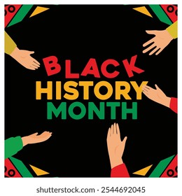 Couple of hands with black history month text. Black background. Black History Month concept. Flat vector illustration.