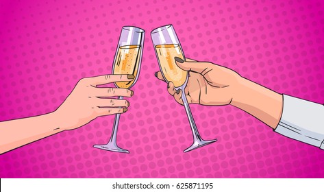 Couple Hands Clinking Glass Of Champagne Wine Toasting Pop Art Retro Pin Up Background Vector Illustration