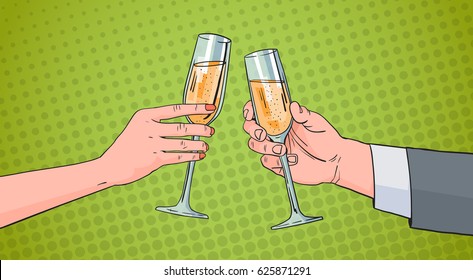 Couple Hands Clinking Glass Of Champagne Wine Toasting Pop Art Retro Pin Up Background Vector Illustration