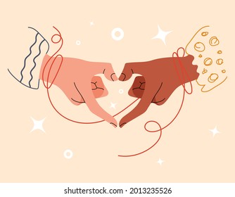 Couple hands folded in shape of heart. Red string of fate or faith destiny on wrist. Gesture or sign for Valentine day. Concept of love, friendship between peoples different races. Vector illustration