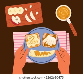 Couple hands hold a plate with peanut butter sweet toasts and banana slices for breakfast. Making food on the kitchen table, point of view. Flat vector illustration