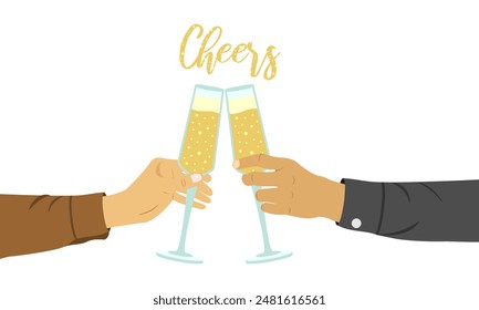 couple hands hold wine clinking glasses. vector illustration isolated on white background.