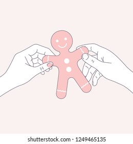 Couple hands holding ginger bread man. It's a girl. Girl shower card. Vector illustration