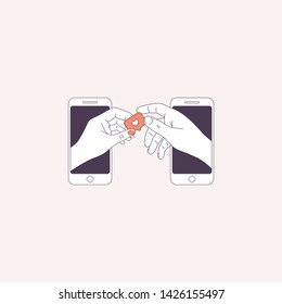 Couple hands holding like symbol. Smartphone digital illustration. Dating application. Vector illustration