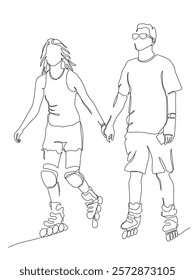 Couple hands holding on rollers date. Woman in knee pads man in glasses. Continuous line drawing. Black and white vector in line art style.