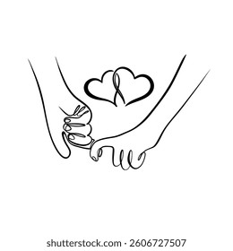 Couple Hands Holding, One Line Drawing On Isolated White Background	