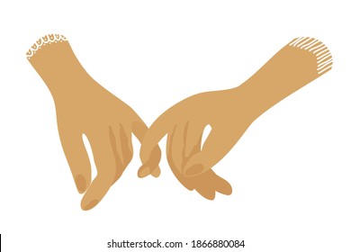 A Couple hands holds on to little fingers. Hand drawn female and male person holding hands. Love. Valentine day. Family, friendship, teenagers feeling. Flat illustration. Vector.