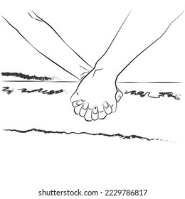 Paar Hände eine Linie Zeichnung. Minimalistische Zeichnung von Liebhabern auf weißem Hintergrund. Verliebt. 
Halten Sie die Handleinenkunst fest. Meer und paare print. Liebe. Hand in Hand.
