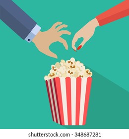 Couple hands reaching for popcorn vector illustration