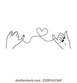 Couple hands with red string of fate. Intertwined hand symbol. Concept of Valentine's Day, Free Love and Non-traditional Weddings. Set vector illustration isolated. Wedding icon, symbol for invitation