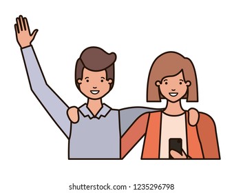 couple with hands up and smartphone avatar character