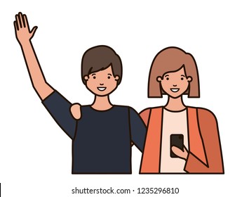 couple with hands up and smartphone avatar character