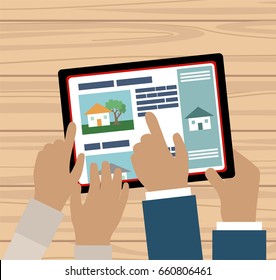 Couple hands with tablet searching a house for sale online
