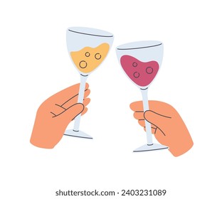 Couple hands with wine glasses cheering together. Celebrate a drink on a special day. Flat cartoon style vector illustration isolated on white background