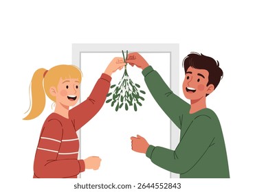 Couple hanging mistletoe for Christmas celebration