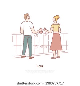 Couple hanging padlock on love bridge, boyfriend and girlfriend dating, affection, confession banner template