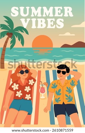 The couple happily lay on the beach bed in the atmosphere of sunset and waves.