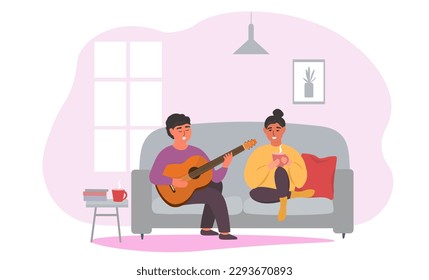 The couple is happily sitting at home on the couch together. The guy plays the guitar and sings, the girl listens and drinks tea. Vector graphics.