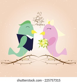 a couple of happy birds kissing on a colored background with text for wedding