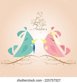 a couple of happy birds kissing on a colored background with text for wedding