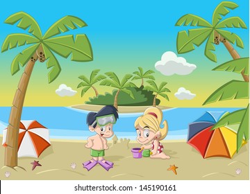 Couple of happy cartoon children playing on beautiful tropical beach with blue ocean, umbrellas and palm / Coconut trees.