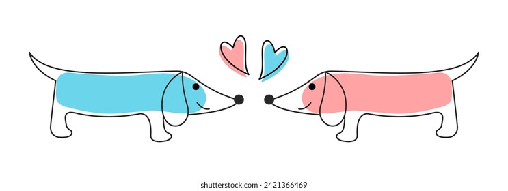 Couple of happy dachshunds in love.
Valentines day vector background with two funny smiling doggies and hearts isolated on white background. Doodle line art