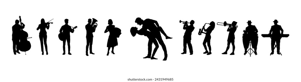 Couple happy dancing with street musicians playing music silhouette.	