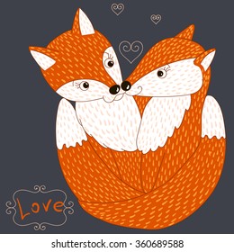 Couple of happy foxes, vector cartoon image.