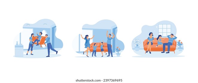 A couple of happy, funny parents concepts. A small family moves to a new house. Happy with mom and dad. Happy little family sitting together. set trend modern vector flat illustration