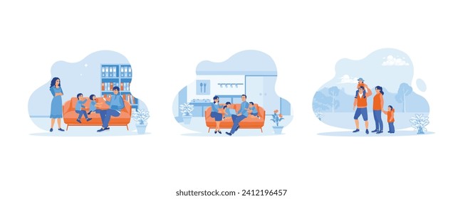 A couple of happy, funny parents concepts. Dad takes photos of his children. Family sitting together on the sofa. Enjoy a weekend getaway together. set flat vector modern illustration 