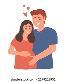A couple of happy future parents. A pregnant woman is expecting a baby. Husband and wife hug. Vector graphics.