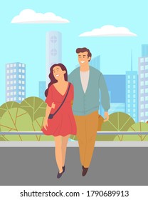 Couple of happy girl and cheerful smiling guy walking in urban park, people walk at nature hugging each other, city buildings at background, woman man spend leisure time together, outdoors activity