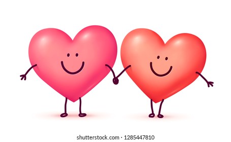 Couple of happy hearts smiling and holding hands, vector Valentines day greeting card elements