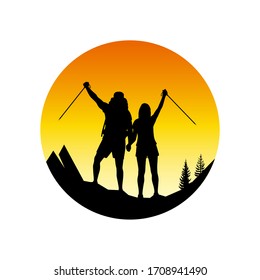 Couple of happy hikers with raised hands against the sun. Travel, tourism, hike and adventure logo. Vector illustration, EPS 10.