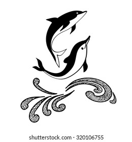 Couple of Happy Jumping Dolphins Isolated on White Background for Tattoo, Logo, Emblem, Postcard or Web. Vector Pattern Design. Together Concept Symbol. 