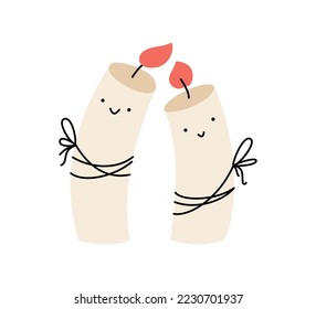 Couple of happy love smilling doodle burning candles. Vector christmas illustration. Pair of cute elements for winter design. Joy and family concept. Scandinavian style.
