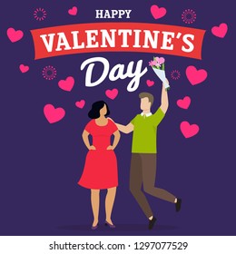 Couple of happy man and woman celebrate Valentine's Day, give presents and have fun. Vector