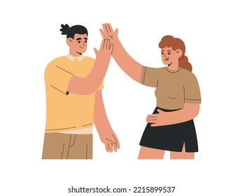 Un par de hombres y mujeres felices dando cinco. Reunión amistosa, gesto de asociación y éxito. Ilustración vectorial dibujada a mano aislada en fondo blanco, estilo moderno de dibujos animados planos.