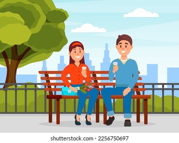 Couple of happy man and woman having date in city park after online dating. Romantic couple sitting on bench, communicating and drinking coffee cartoon vector