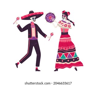 Couple happy Mexican skeletons in holiday costumes for Day Dead  Catrina   skull man dance   play music and maracas   tambourine  Flat vector illustration isolated white background