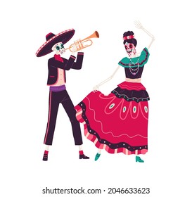 Couple happy Mexican skeletons play trumpet   dance to music at Day Dead  Catrina   skull man in costumes celebrating Death holiday  Flat vector illustration isolated white background