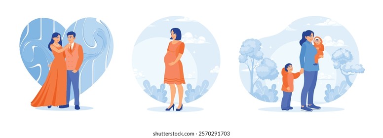 A couple in a happy moment. Young woman on maternity leave. Young mother with her children. A mother takes care for children. Family lifestyle activity concept. Set flat vector illustration.