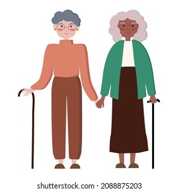 Couple of happy multiracial grandmothers walking holding hands. Elderly multiracial LGBT couple. Cartoon flat design illustration. Happy family. Vector picture isolated on a white background.